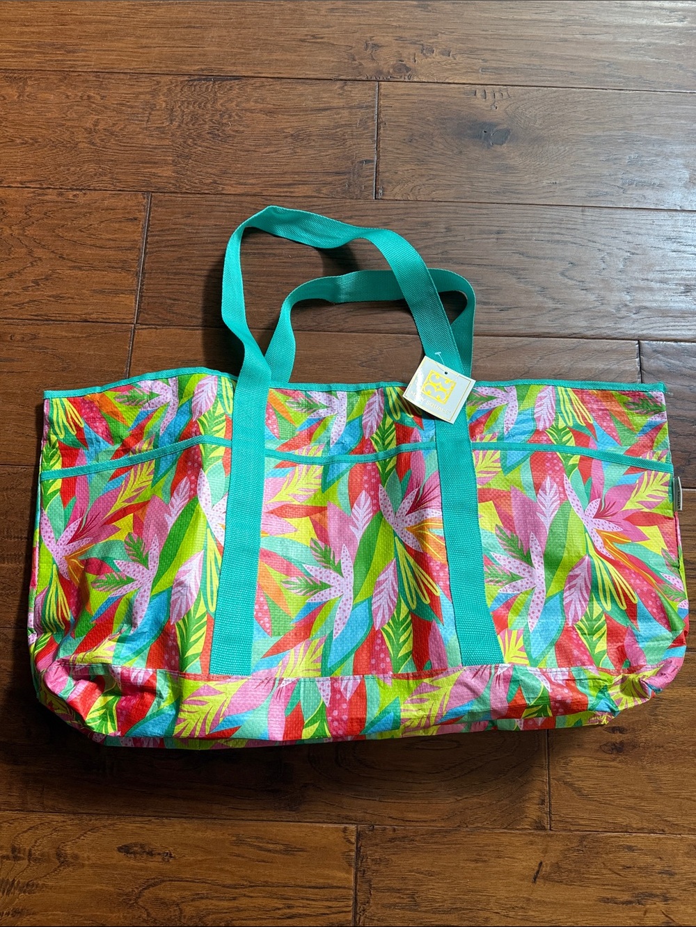 Colorful Tropical Leaf Tote with Teal Handles by